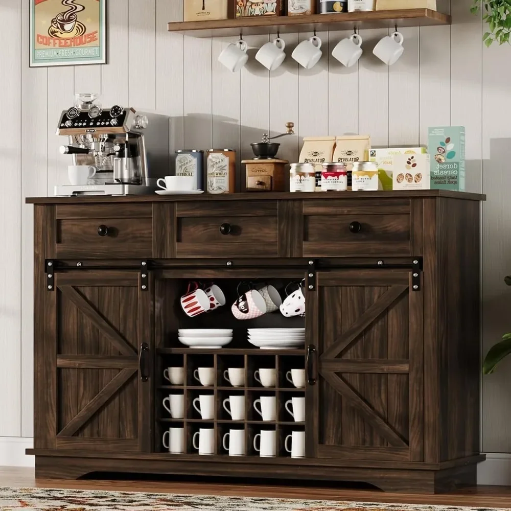 Farmhouse Coffee Bar Cabinet with Sliding Barn Door, Wine Bar Cabinet with Storage, 54 Inch Coffee Bar with 3 Drawers & 15 Racks
Farmhouse Coffee Bar Cabinet with Sliding Barn Door, Wine Bar Cabinet with Storage, 54 Inch Coffee Bar with 3 Drawers & 15 Racks