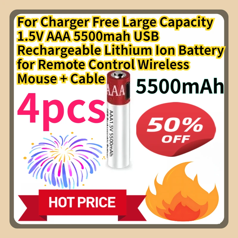 For Charger Free Large Capacity 1.5V AAA 5500mah USB Rechargeable Lithium Ion Battery for Remote Control Wireless Mouse + Cable
For Charger Free Large Capacity 1.5V AAA 5500mah USB Rechargeable Lithium Ion Battery for Remote Control Wireless Mouse + Cable