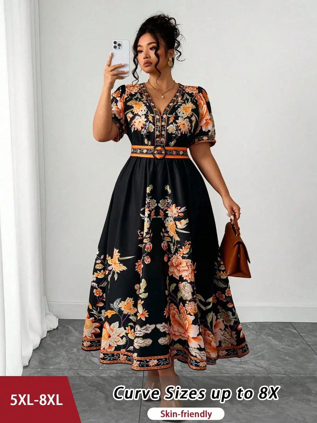 Plus Size Floral Print V-Neck Cap Sleeve Maxi Dress with Belt, 5XL-8XL
Plus Size Floral Print V-Neck Cap Sleeve Maxi Dress with Belt, 5XL-8XL