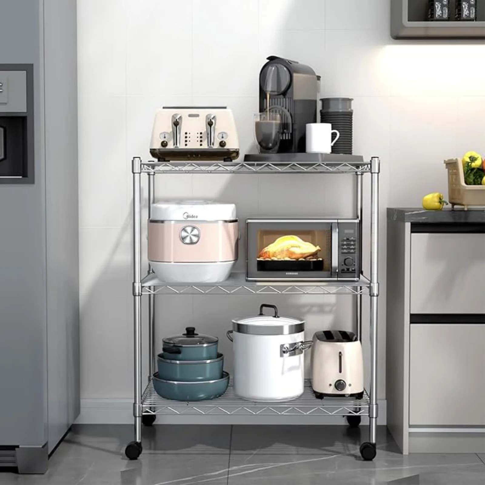 YSSOA 3-Tier Heavy Duty Storage Shelves 750Lb acity, 24.02" D x 13.78" W x 29.92" H Adjustable Shelving Unit with Wheels, Chrome
YSSOA 3-Tier Heavy Duty Storage Shelves 750Lb acity, 24.02" D x 13.78" W x 29.92" H Adjustable Shelving Unit with Wheels, Chrome