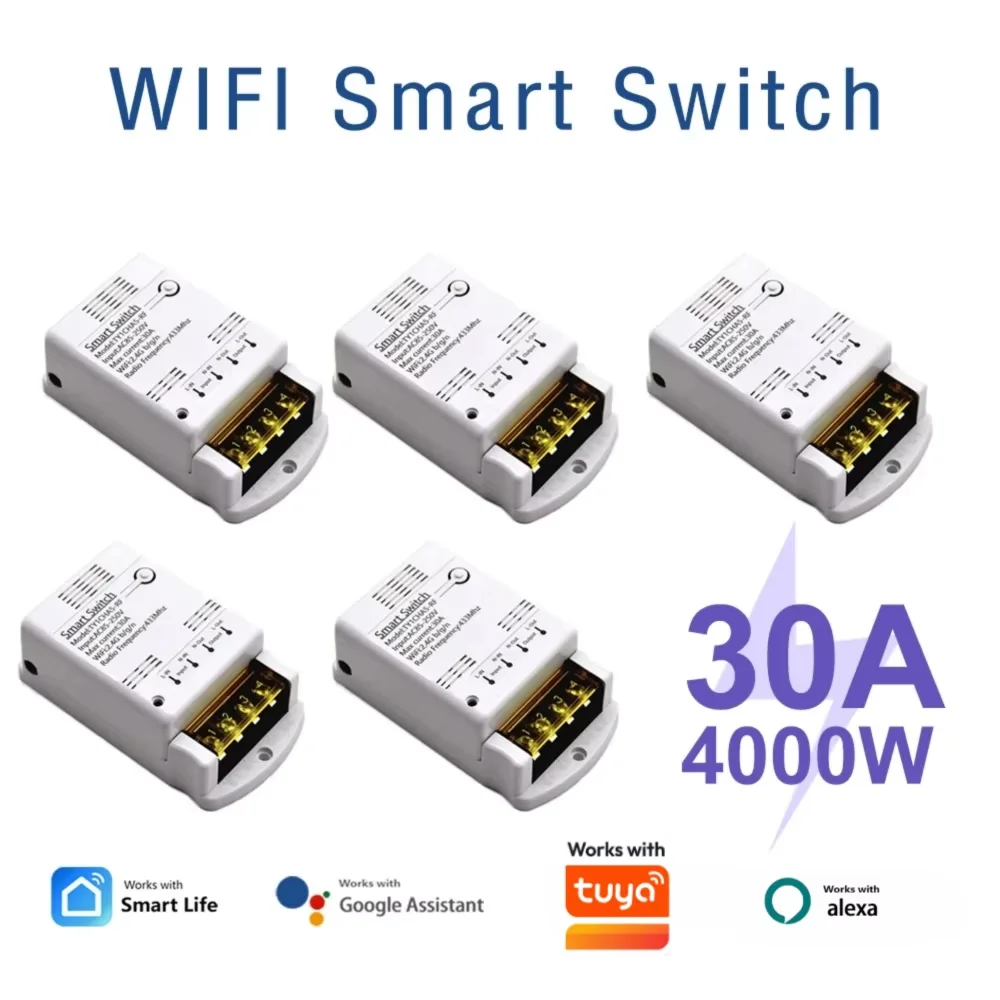 WiFi Smart Switch AC 85-250V DC 7-32V 30A Module Wireless Relay 4000W APP Remote Control Works with Tuya Alexa Smart Life