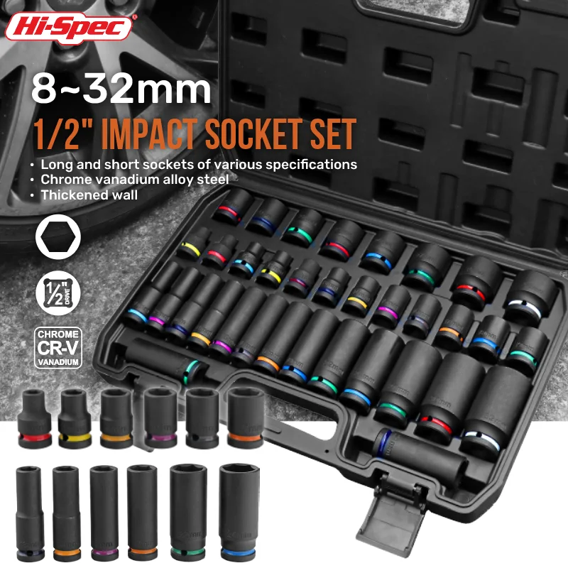 Hi-Spec 16/35PC 1/2" Drive Impact Socket Set with 78mm Long Sockets (10-24mm) & Hardened Case, Professional Auto Repair Tools
Hi-Spec 16/35PC 1/2" Drive Impact Socket Set with 78mm Long Sockets (10-24mm) & Hardened Case, Professional Auto Repair Tools