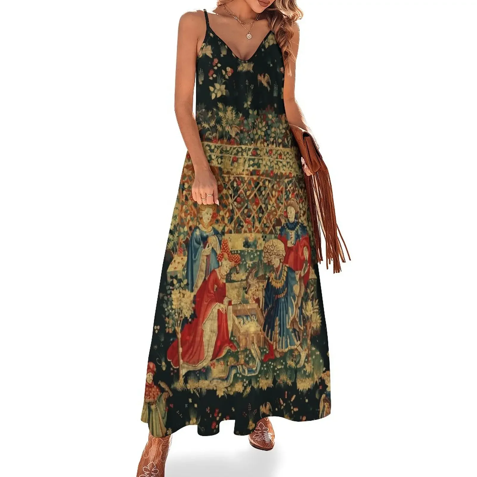 FALCONS BATH Red Blue Antique Medieval Tapestry,Court Figures,Birds, Flowers ,Rose Trellis Sleeveless Dress Female clothing
FALCONS BATH Red Blue Antique Medieval Tapestry,Court Figures,Birds, Flowers ,Rose Trellis Sleeveless Dress Female clothing