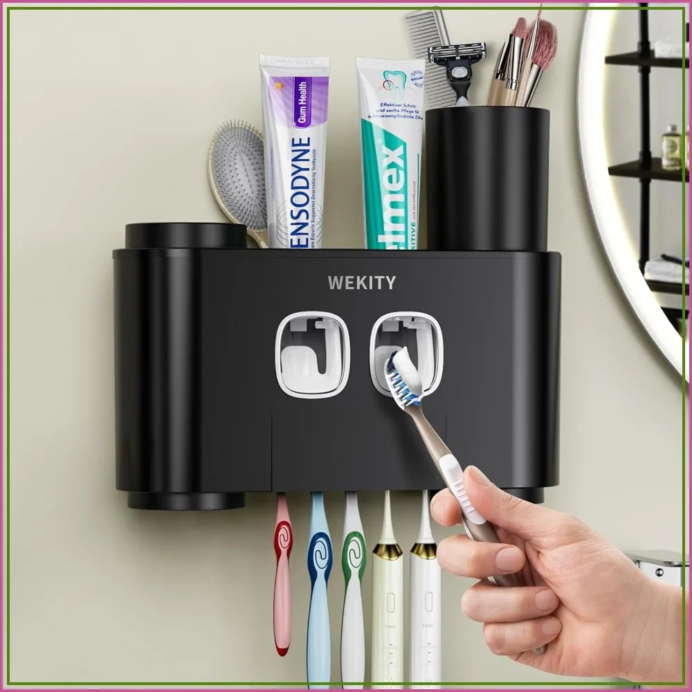 Wall-Mounted Toothbrush Holder with Automatic Toothpaste Dispenser, 5 Slots 4 Cups, Dust-Proof, ABS (Black)
Wall-Mounted Toothbrush Holder with Automatic Toothpaste Dispenser, 5 Slots 4 Cups, Dust-Proof, ABS (Black)