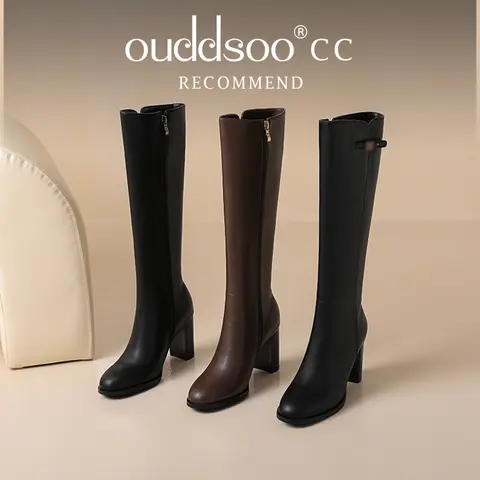 Ods Soft Cow Leather Black Knee High Boots Chunky Mid Heels Zipper Women's Long Boot Big Size Luxury Designer Sexy Shoes 4143 46