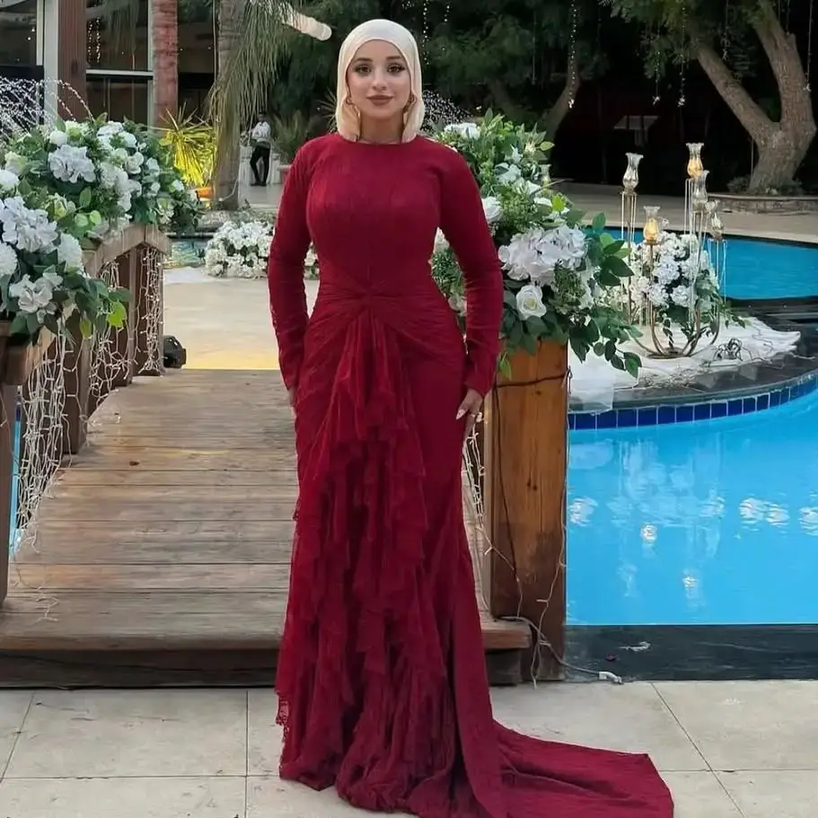 Ofherown Saudi Burgundy Lace Evening Dress Long Sleeve Ruffle Prom Gowns for Muslim Women Islamic Formal Party Prom Dress
Ofherown Saudi Burgundy Lace Evening Dress Long Sleeve Ruffle Prom Gowns for Muslim Women Islamic Formal Party Prom Dress
