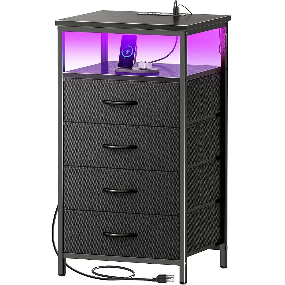 Night Stand With Charger Station And Led Lights, 4 Drawer Nightstand, Bed Side Table With Open Shelf, End Table, Fabric Dresser
Night Stand With Charger Station And Led Lights, 4 Drawer Nightstand, Bed Side Table With Open Shelf, End Table, Fabric Dresser