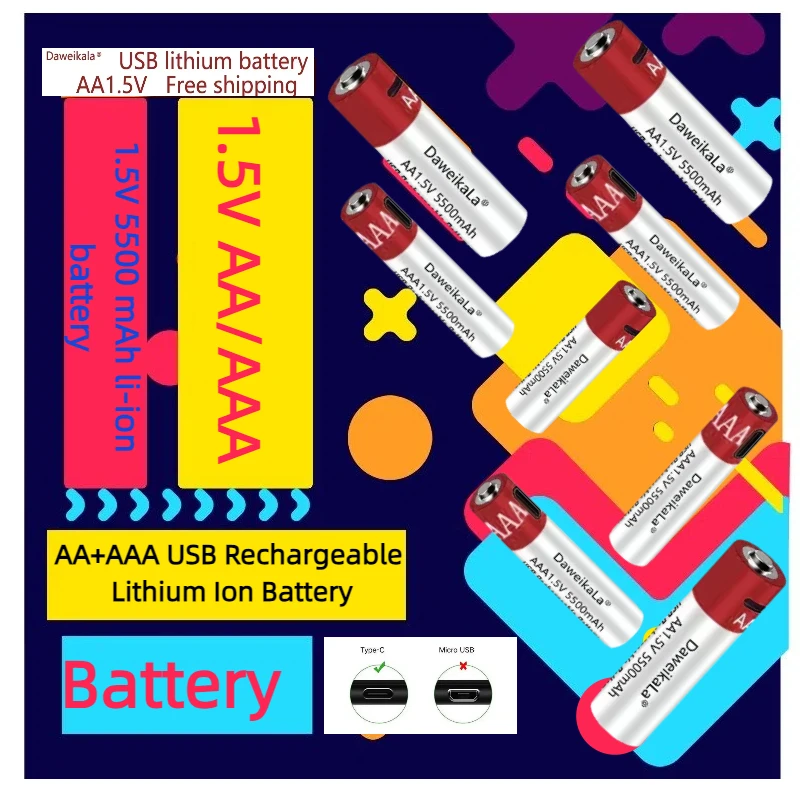 New Large Capacity AA+AAA USB Rechargeable Lithium Ion Battery 1.5V 5500mah Watch for Toys MP3 Player Thermometer Keyboard
New Large Capacity AA+AAA USB Rechargeable Lithium Ion Battery 1.5V 5500mah Watch for Toys MP3 Player Thermometer Keyboard