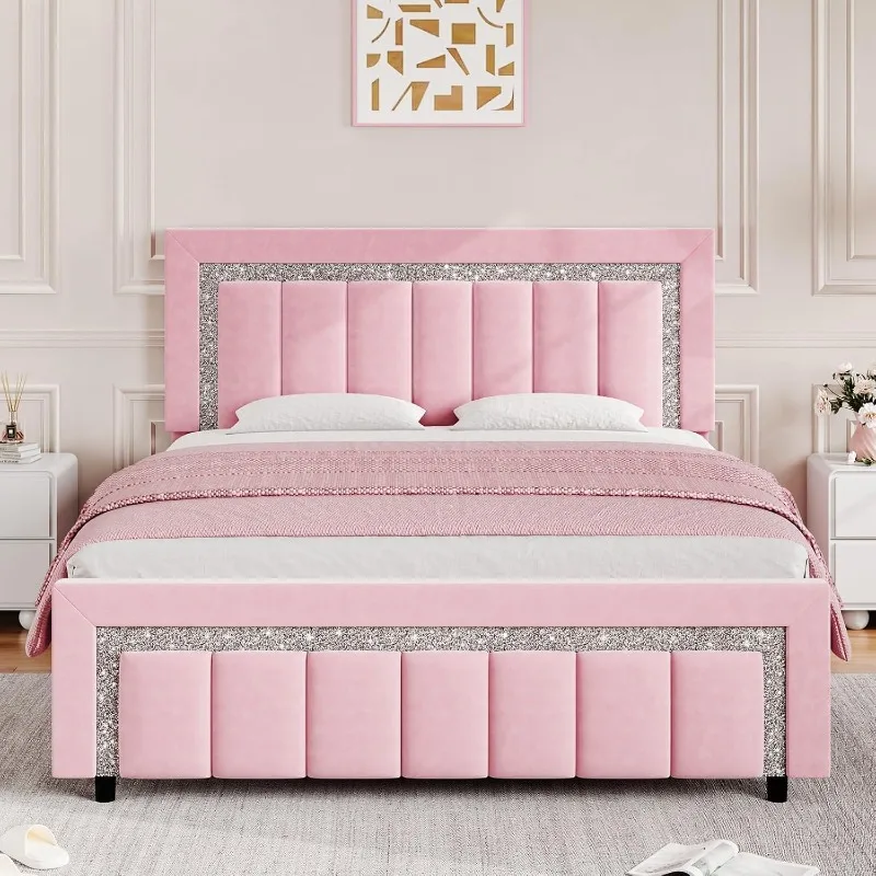 Queen Bed Frame with Headboard, Pink Velvet Upholstered Bed Frame with Diamond Footboard, Soft Bed Frames, Vertical Chann 
Queen Bed Frame with Headboard, Pink Velvet Upholstered Bed Frame with Diamond Footboard, Soft Bed Frames, Vertical Chann