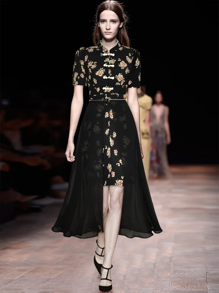 2023 Fashion Designer Women Vintage Black Flower Print Stand Collar Nail Bead Button Long Chiffon Spliced Dress
2023 Fashion Designer Women Vintage Black Flower Print Stand Collar Nail Bead Button Long Chiffon Spliced Dress