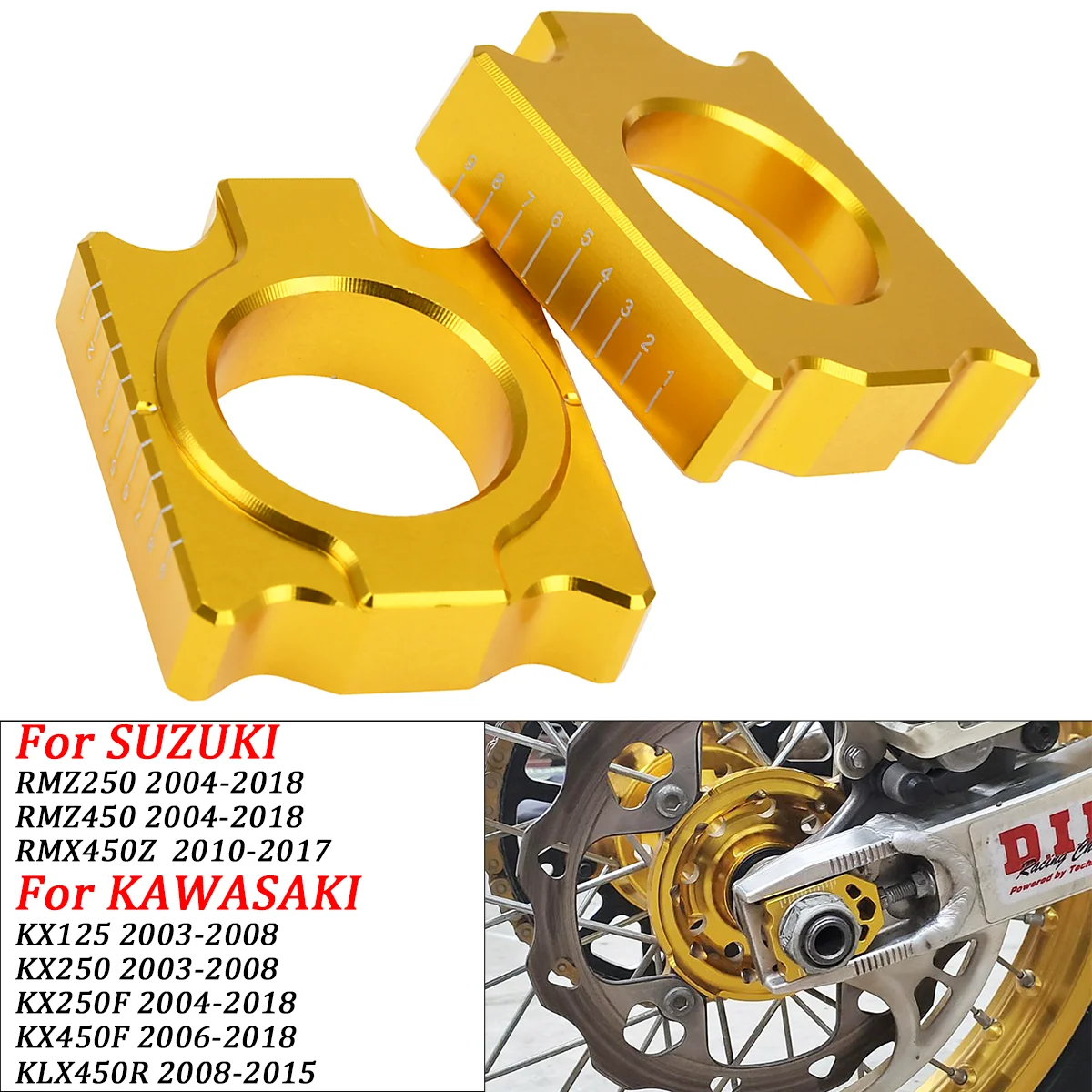 CNC Motorcycle Rear Axle Block Chain Adjuster For Szuki RMZ250 RMZ450 2004-2017 2018 Kawasaki KX125 KX250 KX250F 2003-2008 2018
CNC Motorcycle Rear Axle Block Chain Adjuster For Szuki RMZ250 RMZ450 2004-2017 2018 Kawasaki KX125 KX250 KX250F 2003-2008 2018