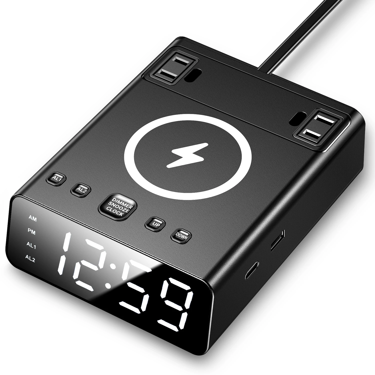 DC12 7-in -1 Wireless Charger Type C Charging Ports USB Hub Snooze Digital Alarm Clock with AC Outlet Socket Power Strip
DC12 7-in -1 Wireless Charger Type C Charging Ports USB Hub Snooze Digital Alarm Clock with AC Outlet Socket Power Strip