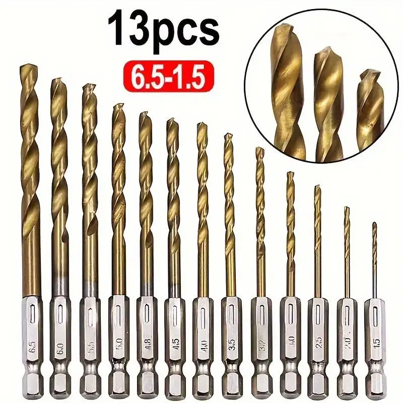 13Pcs Hex Shank Titanium Coated Twist Drill Bit Set, 1.5-6.5mm HSS Drill Bits for Electric Drill & Screwdriver, Drilling Tool
13Pcs Hex Shank Titanium Coated Twist Drill Bit Set, 1.5-6.5mm HSS Drill Bits for Electric Drill & Screwdriver, Drilling Tool
