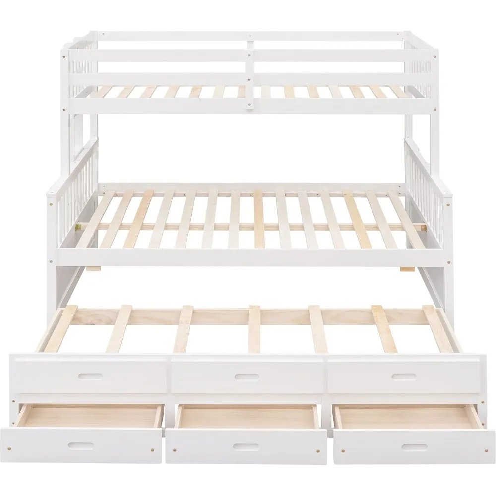 Modern White Twin Over Full Bunk Bed with Twin Size Trundle and 3 Storage Drawers, Solid Wood Bunk Beds Frame with Ladder
Modern White Twin Over Full Bunk Bed with Twin Size Trundle and 3 Storage Drawers, Solid Wood Bunk Beds Frame with Ladder