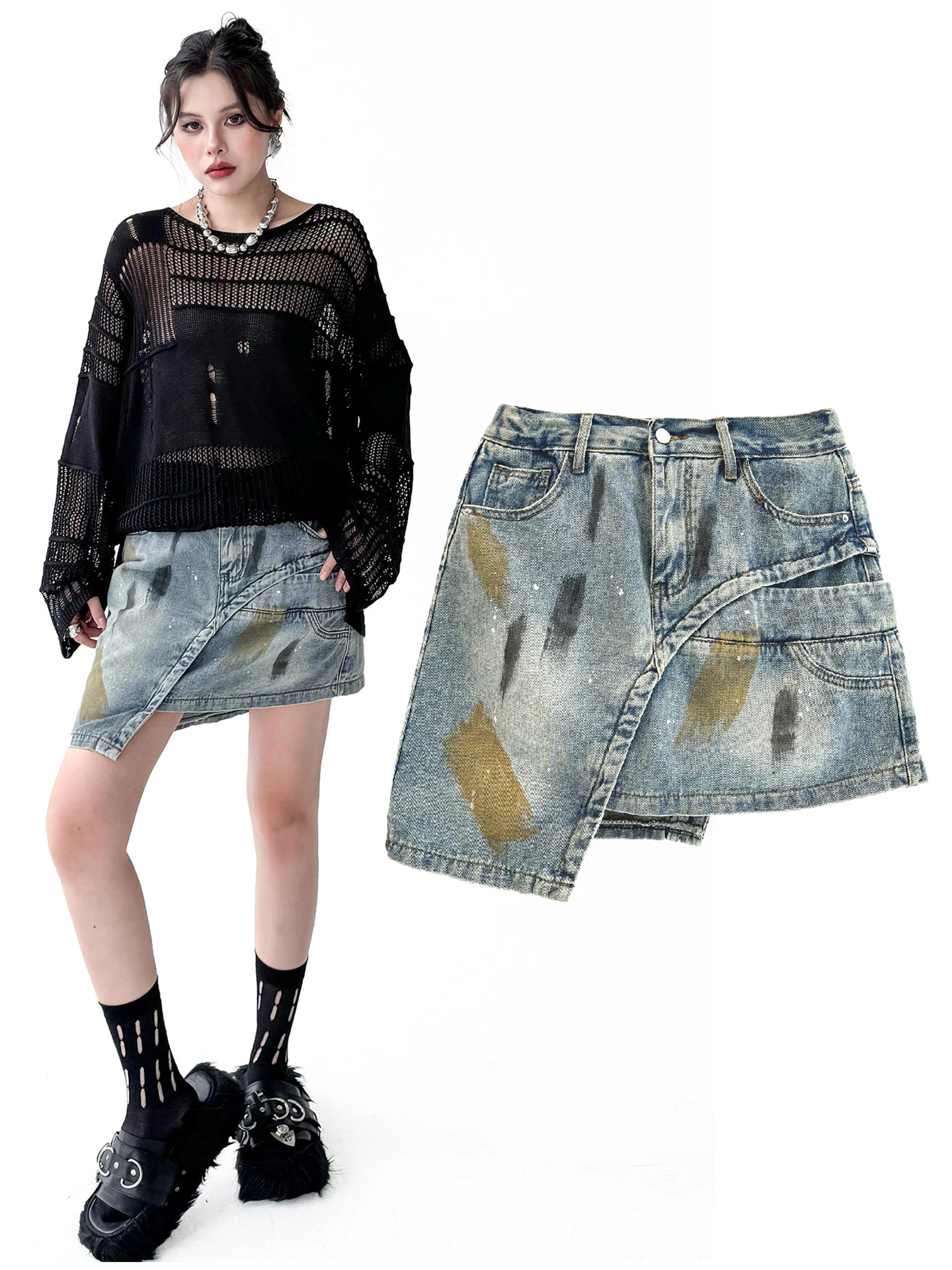 Graffiti Print High Waist Denim Skirt A-Line Short Skirt Worn-look Personality Street Style for Girls Non-stretch Leather
Graffiti Print High Waist Denim Skirt A-Line Short Skirt Worn-look Personality Street Style for Girls Non-stretch Leather