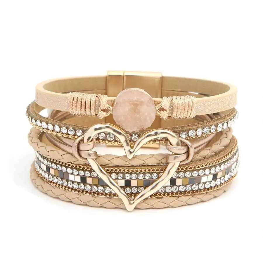 Multilayer Beige PU Leather Wrap Bracelet With Hollow Heart Pendant, Crystal Rows, And Magnetic Fastener For Daily Boho Styling
Multilayer Beige PU Leather Wrap Bracelet With Hollow Heart Pendant, Crystal Rows, And Magnetic Fastener For Daily Boho Styling