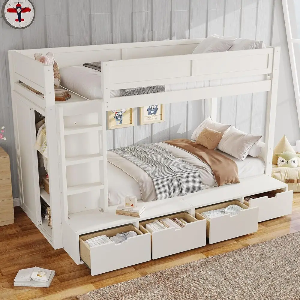 Ivory Twin Over Twin Bunk Bed with Storage Drawers and Wardrobe, Full-Length Guardrails, No Box Spring Needed, Space-Saving for
Ivory Twin Over Twin Bunk Bed with Storage Drawers and Wardrobe, Full-Length Guardrails, No Box Spring Needed, Space-Saving for