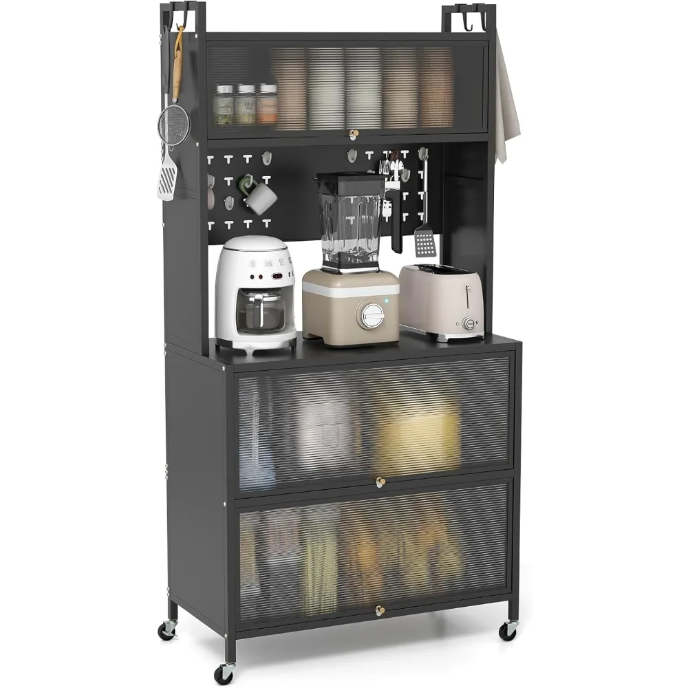 5 Tier Rolling Kitchen Bakers Rack with Wheels, Microwave Stand with Flip Door Storage Cabinets, Pegboard & Hooks, Adjustable F
5 Tier Rolling Kitchen Bakers Rack with Wheels, Microwave Stand with Flip Door Storage Cabinets, Pegboard & Hooks, Adjustable F