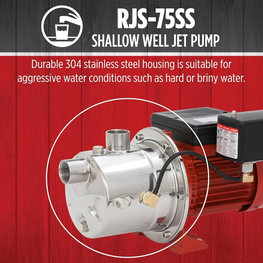 RJS-75SS 115/230 Volt, 3/4 HP, 12.8 GPM Stainless Steel Shallow Well Jet Pump, Red, 97080702
RJS-75SS 115/230 Volt, 3/4 HP, 12.8 GPM Stainless Steel Shallow Well Jet Pump, Red, 97080702