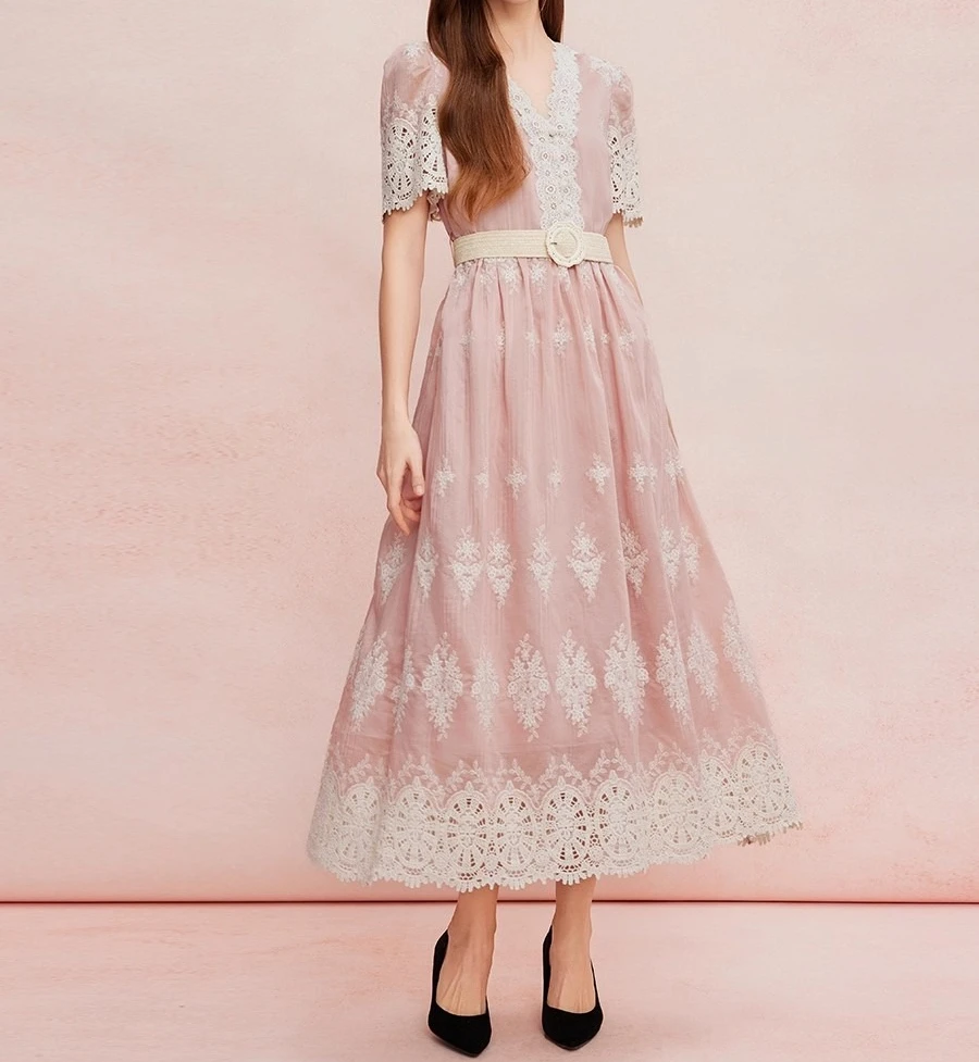 Pink Elegant Dress Women V-neck Lace Patch Short Sleeve Summer Vintage Vestidos Bodycon with Sashes Streetwear Cloth Lady
Pink Elegant Dress Women V-neck Lace Patch Short Sleeve Summer Vintage Vestidos Bodycon with Sashes Streetwear Cloth Lady