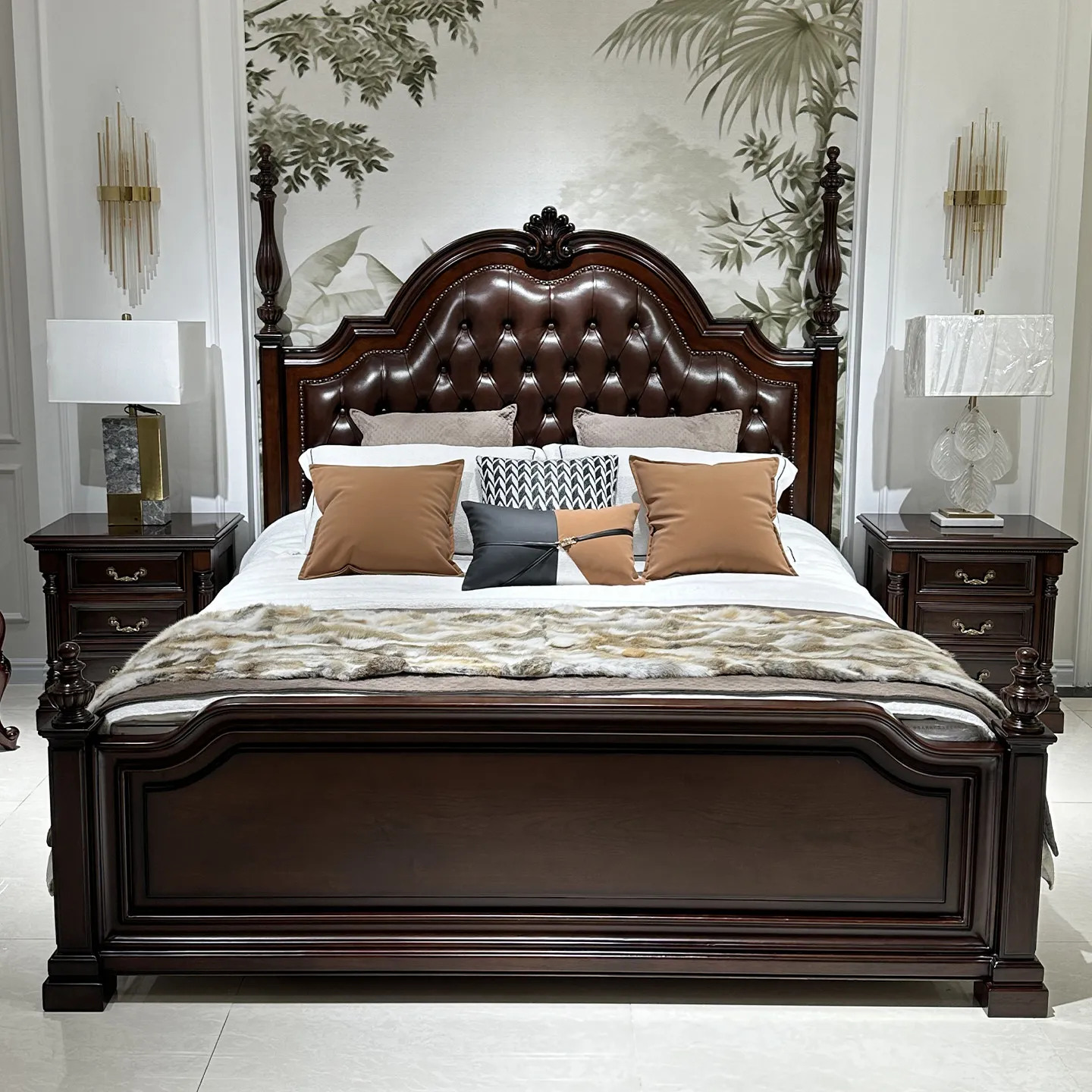 Leather solid wood bed, first layer cowhide luxury retro bedroom soft double bed
Leather solid wood bed, first layer cowhide luxury retro bedroom soft double bed