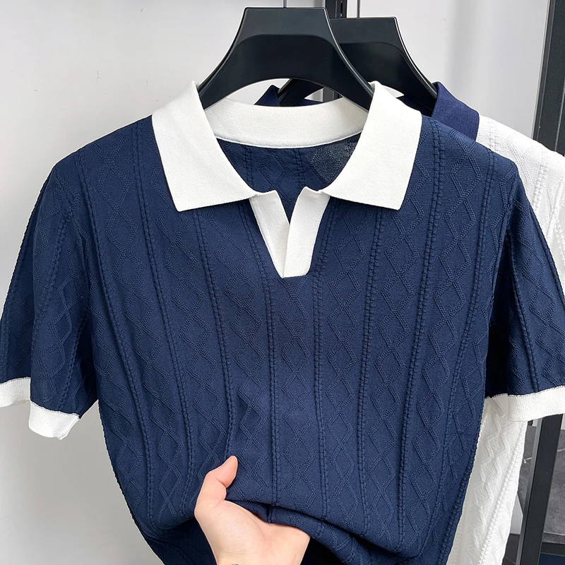 Summer Breathable Italian Color Blocked Trendy Men's Polo Shirt V-Collar Elastic Jacquard Texture Short Sleeve Knitted
Summer Breathable Italian Color Blocked Trendy Men's Polo Shirt V-Collar Elastic Jacquard Texture Short Sleeve Knitted