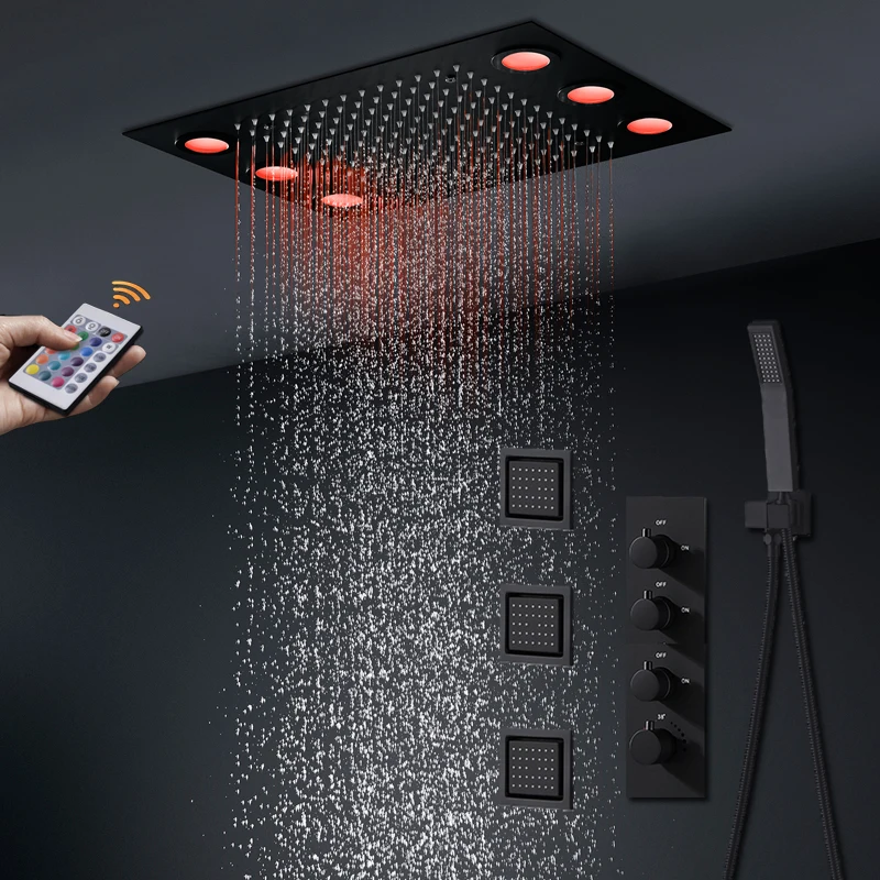 14x20'' Bathroom Shower Black LED Ceiling Rain Shower Massage System Thermostatic valve 360x500mm
14x20'' Bathroom Shower Black LED Ceiling Rain Shower Massage System Thermostatic valve 360x500mm