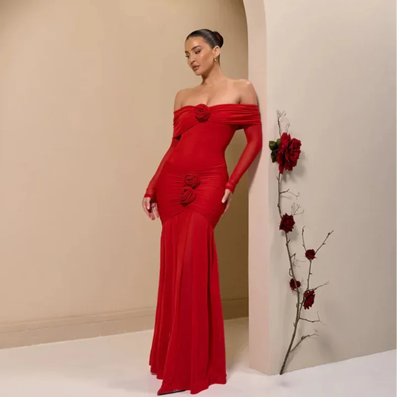 Red Off Shoulder Flower Decoration Autumn Bodycon Evening Dress Long Sleeve Elegant Maxi Dress Wedding Guest Dress for Women
Red Off Shoulder Flower Decoration Autumn Bodycon Evening Dress Long Sleeve Elegant Maxi Dress Wedding Guest Dress for Women