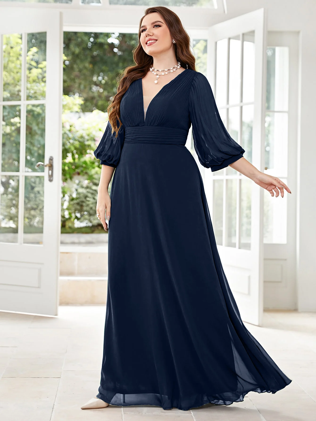 UNITHORSE Elegant deep V-neck lantern sleeve waist-cinching chiffon evening gown dress for plus size women
UNITHORSE Elegant deep V-neck lantern sleeve waist-cinching chiffon evening gown dress for plus size women