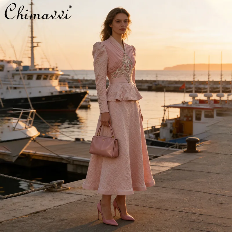 Spring 2026 French Temperament Elegant Beaded V-neck Long-sleeved Jacket High Waist Slim A-line Long Skirt Two-piece Suit Women
Spring 2026 French Temperament Elegant Beaded V-neck Long-sleeved Jacket High Waist Slim A-line Long Skirt Two-piece Suit Women