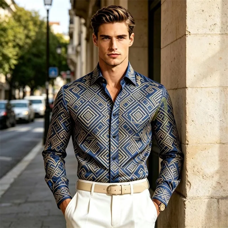 2026 new men's diamond geometric printed shirt, Baroque light luxury men's satin shirt, dark blue black button business party sl
2026 new men's diamond geometric printed shirt, Baroque light luxury men's satin shirt, dark blue black button business party sl