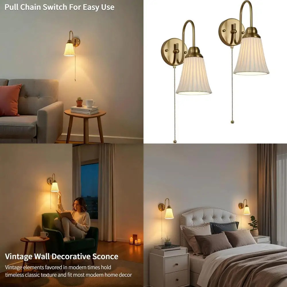 Pair of Hardwired Gold Ceramic Wall Sconces with Pull Chain, Ideal for Living Spaces, Bedrooms, and Home Offices
Pair of Hardwired Gold Ceramic Wall Sconces with Pull Chain, Ideal for Living Spaces, Bedrooms, and Home Offices