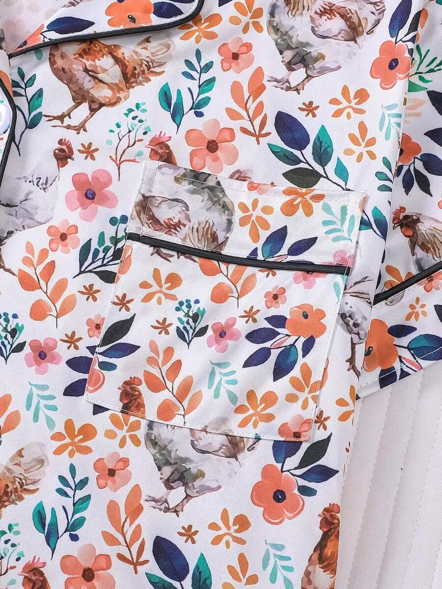 2pcs Women Floral And Chicken Print Pajama Set Front Button Short Sleeve Top And Shorts With Collar Pockets
2pcs Women Floral And Chicken Print Pajama Set Front Button Short Sleeve Top And Shorts With Collar Pockets