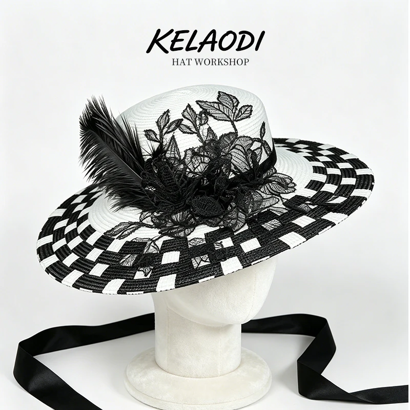 Women's Black White Checkered Sun Hat Elegant Wide Brim Lace Feather Decor Formal Derby Hat Vintage Tea Party Wedding Church Hat
Women's Black White Checkered Sun Hat Elegant Wide Brim Lace Feather Decor Formal Derby Hat Vintage Tea Party Wedding Church Hat