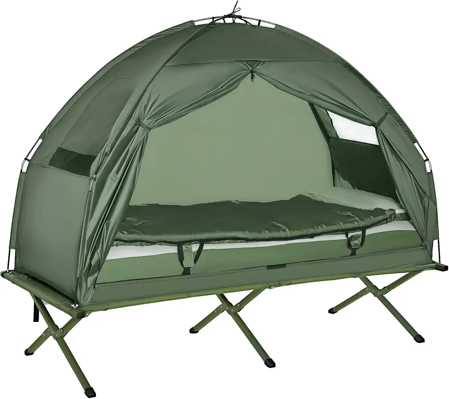 6-in-1 Foldable Off Ground Camping Tent Cot Combo Complete Set with Mattress, Pillow, Sleeping Bag & Bed Cover, Portable Elevated Camp Bed with Wheeled Carry Storage Bag for Hiking Backpacking Picnic Outdoor Trips
6-in-1 Foldable Off Ground Camping Tent Cot Combo Complete Set with Mattress, Pillow, Sleeping Bag & Bed Cover, Portable Elevated Camp Bed with Wheeled Carry Storage Bag for Hiking Backpacking Picnic Outdoor Trips