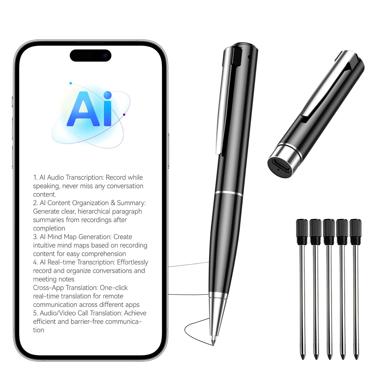 Recorder pen, with AI Transcription, Summarize, Translation with 150 Languages, App Control, 32GB (3000h)AI Devices
Recorder pen, with AI Transcription, Summarize, Translation with 150 Languages, App Control, 32GB (3000h)AI Devices