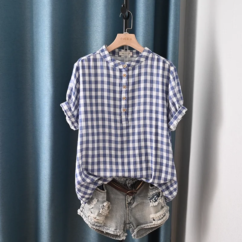 Women's summer shirt 100% cotton yarn plaid shirts short sleeve blouses for women summer tops ladies work wear
Women's summer shirt 100% cotton yarn plaid shirts short sleeve blouses for women summer tops ladies work wear