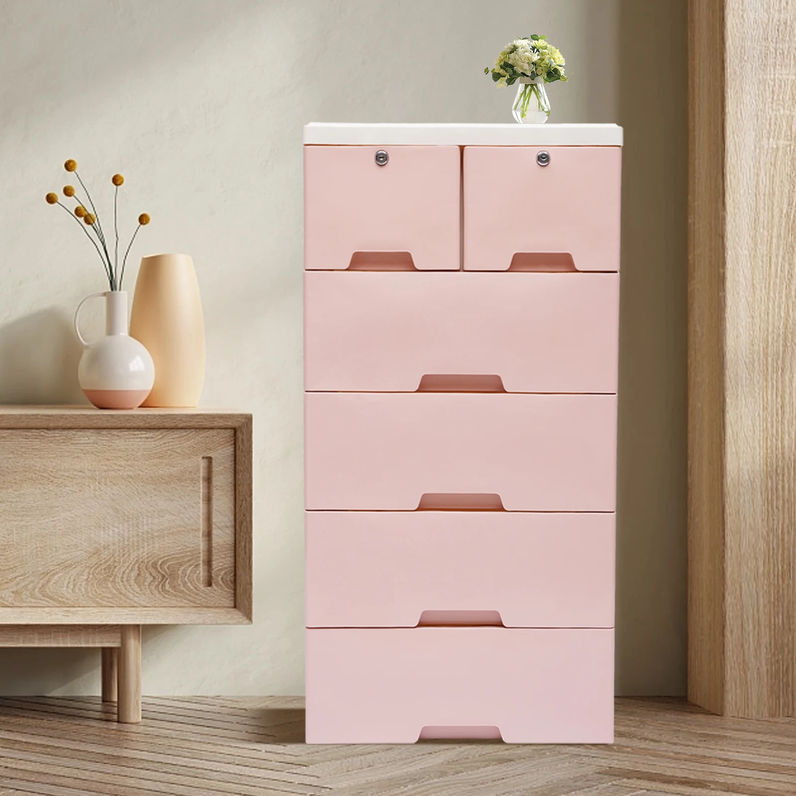 Pink Versatile Storage Cabinet with 6 Drawers and Lock Wheels Large Capacity Convenient Storage Organizer For Bedroom Nursery
Pink Versatile Storage Cabinet with 6 Drawers and Lock Wheels Large Capacity Convenient Storage Organizer For Bedroom Nursery