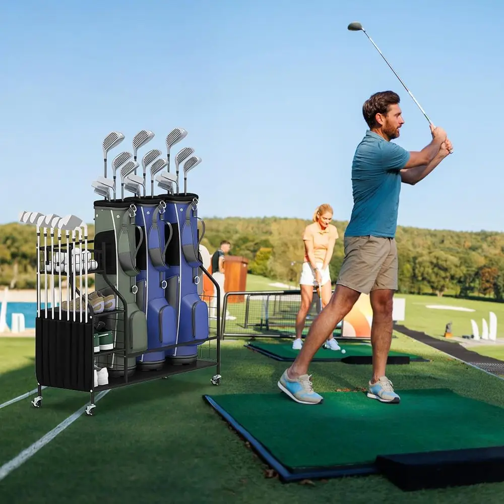 Golf Bag Organizer with Rolling Stand, Clubs, Balls, Accessories, Lockable Wheels, Removable Hooks, Storage Rack for Garage or B
Golf Bag Organizer with Rolling Stand, Clubs, Balls, Accessories, Lockable Wheels, Removable Hooks, Storage Rack for Garage or B