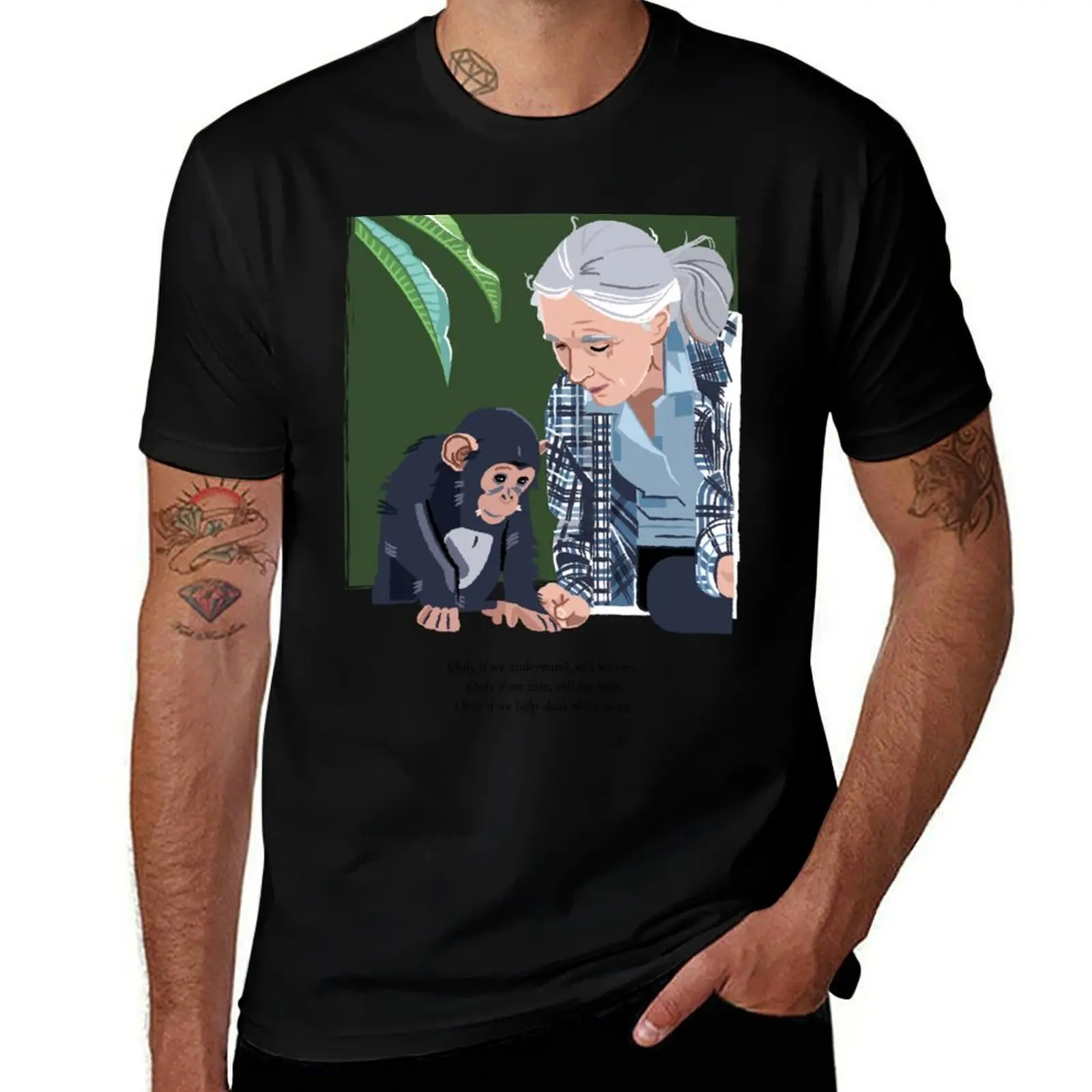 Jane Goodall and Chimpanzee - Understand, Care, Help. Sticker T-Shirt man t shirt luxury man t shirt cotton T-Shirt
Jane Goodall and Chimpanzee - Understand, Care, Help. Sticker T-Shirt man t shirt luxury man t shirt cotton T-Shirt
