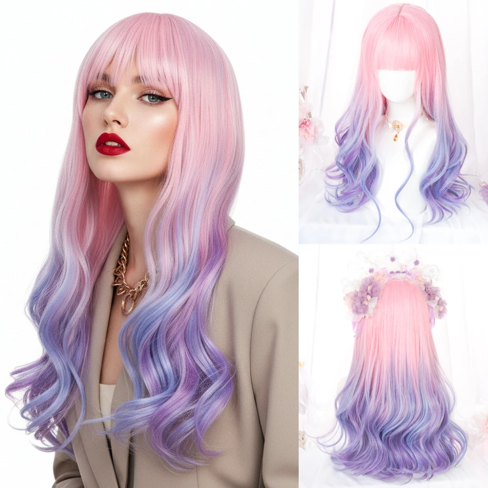 Long Wavy Pink Highlight Purple Wig Synthetic Hair With Bangs Daily Cosplay Wear Heat Resistant
Long Wavy Pink Highlight Purple Wig Synthetic Hair With Bangs Daily Cosplay Wear Heat Resistant