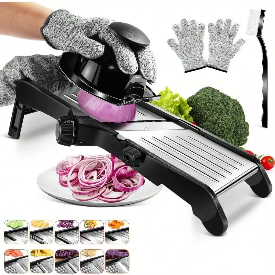 Adjustable Stainless Steel Mandoline Slicer – Vegetable Chopper with Waffle & Julienne Blades, Includes Cut Gloves
Adjustable Stainless Steel Mandoline Slicer – Vegetable Chopper with Waffle & Julienne Blades, Includes Cut Gloves