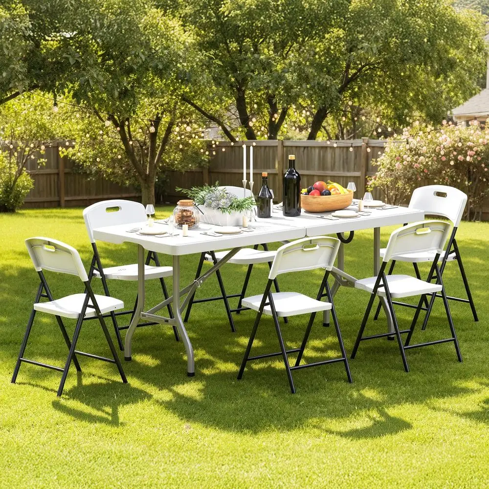 Foldable Outdoor Dining Set with 6 Fully assembled Dining Chairs for Easy Storage, Portable Patio Table and Chairs Set for Camp
Foldable Outdoor Dining Set with 6 Fully assembled Dining Chairs for Easy Storage, Portable Patio Table and Chairs Set for Camp
