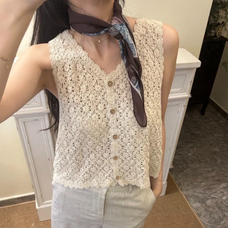 Crochet Sleeveless Blouse Button Down V-neck Open-work Knitted Vest Waistcoat Boho Chic Summer Festival Outfit
Crochet Sleeveless Blouse Button Down V-neck Open-work Knitted Vest Waistcoat Boho Chic Summer Festival Outfit