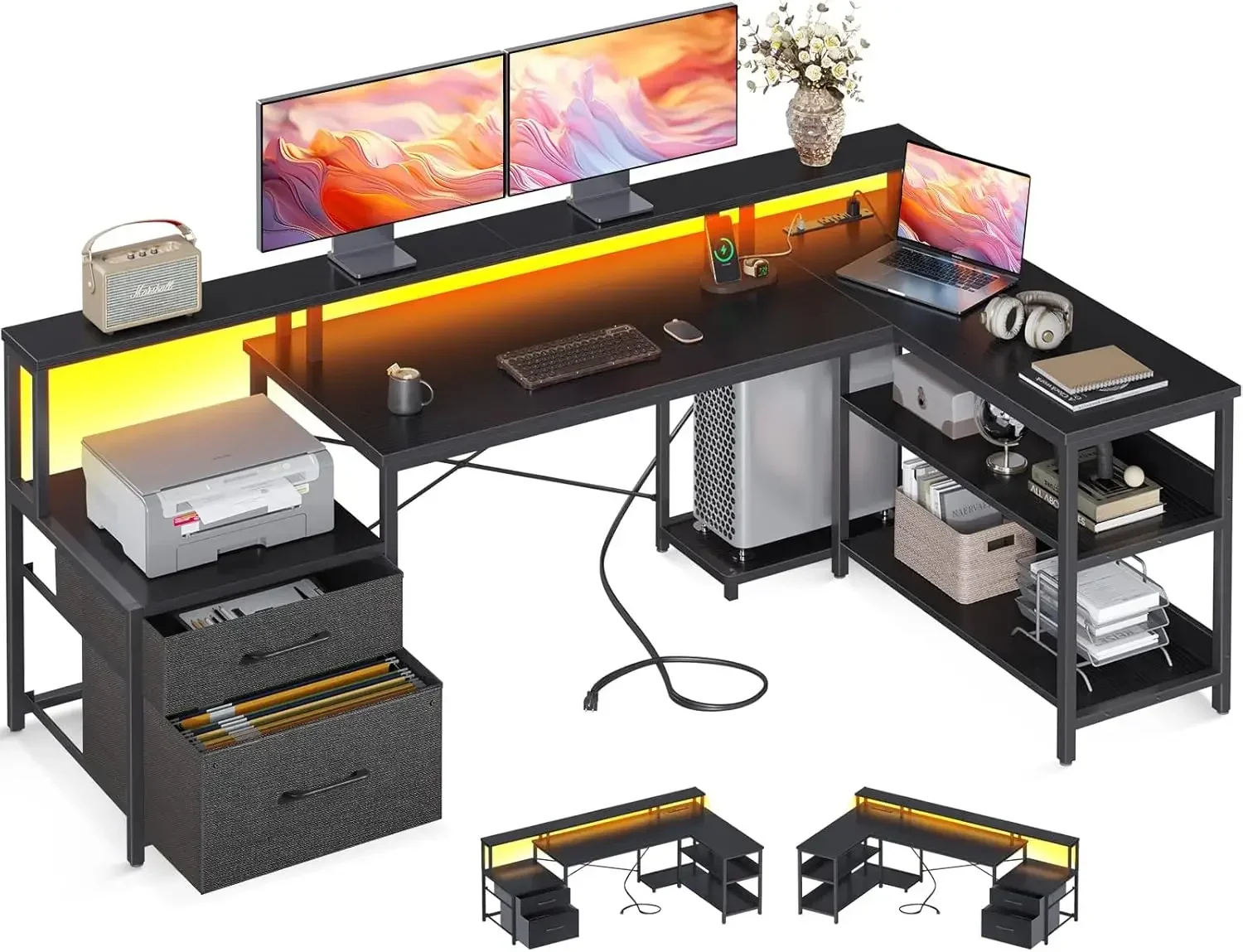 L-образный стол с ящиком для файлов, двусторонний L-образный компьютерный стол 66 дюймов с розеткой и светодиодной лентой, стол для домашнего офиса, черный
L-образный стол с ящиком для файлов, двусторонний L-образный компьютерный стол 66 дюймов с розеткой и светодиодной лентой, стол для домашнего офиса, черный