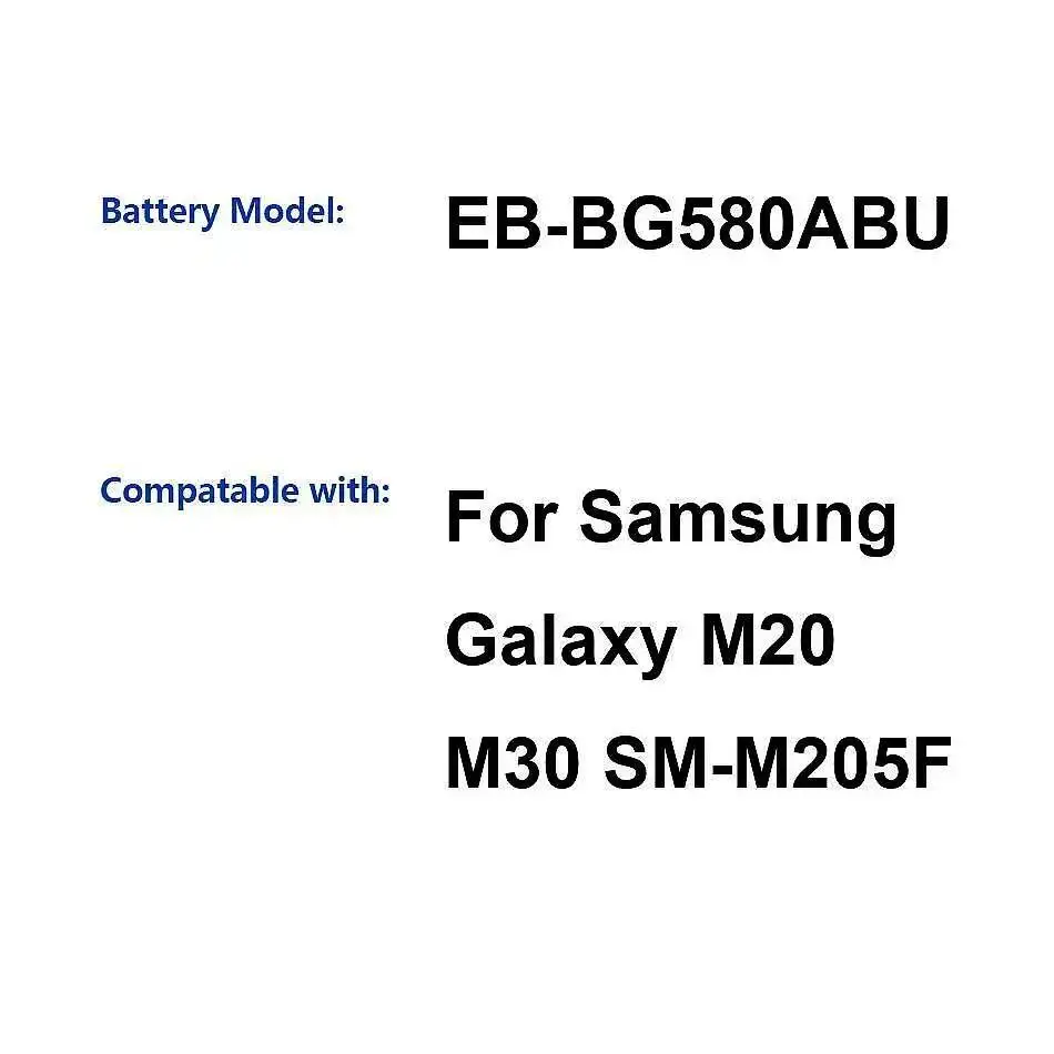 EB-BG580ABU Премиум сменный аккумулятор для мобильного телефона 5000 мАч для Samsung Galaxy M20 M30 SM-M205F
EB-BG580ABU Премиум сменный аккумулятор для мобильного телефона 5000 мАч для Samsung Galaxy M20 M30 SM-M205F