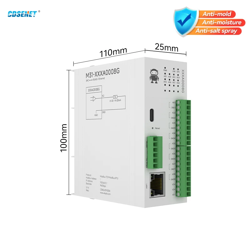 8AO RJ45/RS485 Analog Switch Acquisition Distributed Remote IO Module CDSENT M31-XXXA0008G Host Module Fast Expansion DC9~36V
8AO RJ45/RS485 Analog Switch Acquisition Distributed Remote IO Module CDSENT M31-XXXA0008G Host Module Fast Expansion DC9~36V