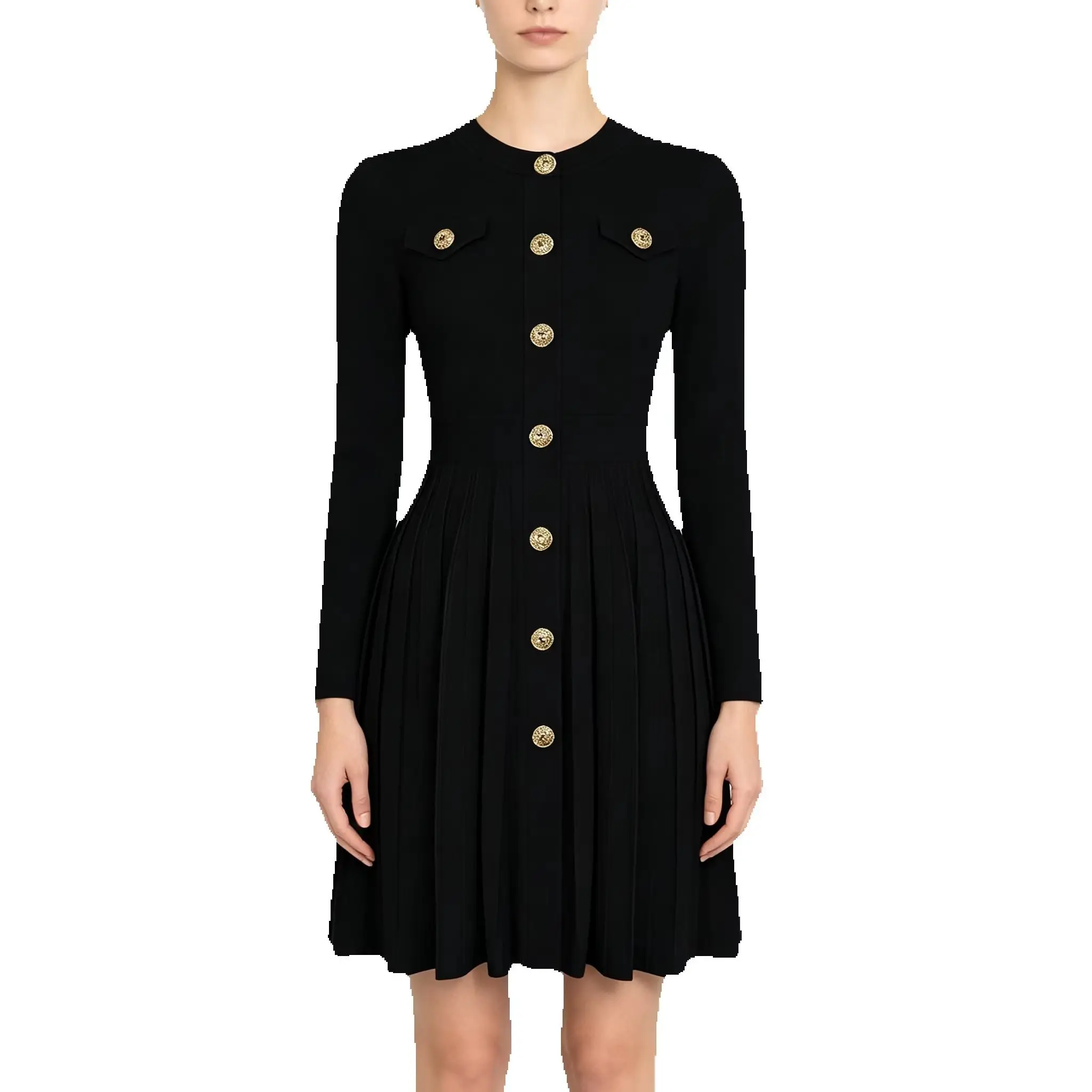 High Quality Spring And Autumn New Fashionable Commuting Knitted Round Neck Gold Buckle Slim Fit Pleated Long Sleeved Dress
High Quality Spring And Autumn New Fashionable Commuting Knitted Round Neck Gold Buckle Slim Fit Pleated Long Sleeved Dress