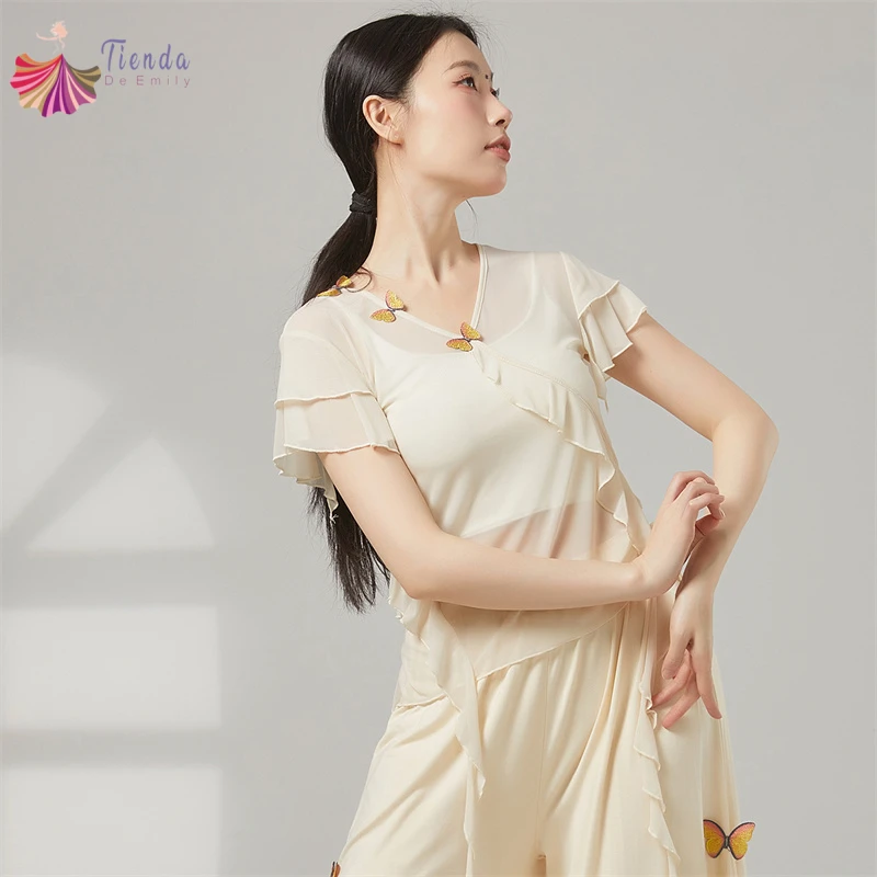 Classical Dance Top Women Gauze Mesh Shirt Flowy Ruffle Short Sleeve Butterfly Decor Practice Blouse See Through Stage Clothes
Classical Dance Top Women Gauze Mesh Shirt Flowy Ruffle Short Sleeve Butterfly Decor Practice Blouse See Through Stage Clothes