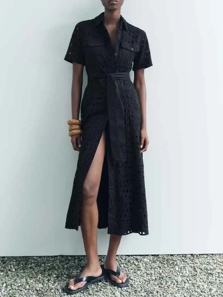 European style new women's fashion all-match simple black embroidered shirt short-sleeved long dress
European style new women's fashion all-match simple black embroidered shirt short-sleeved long dress